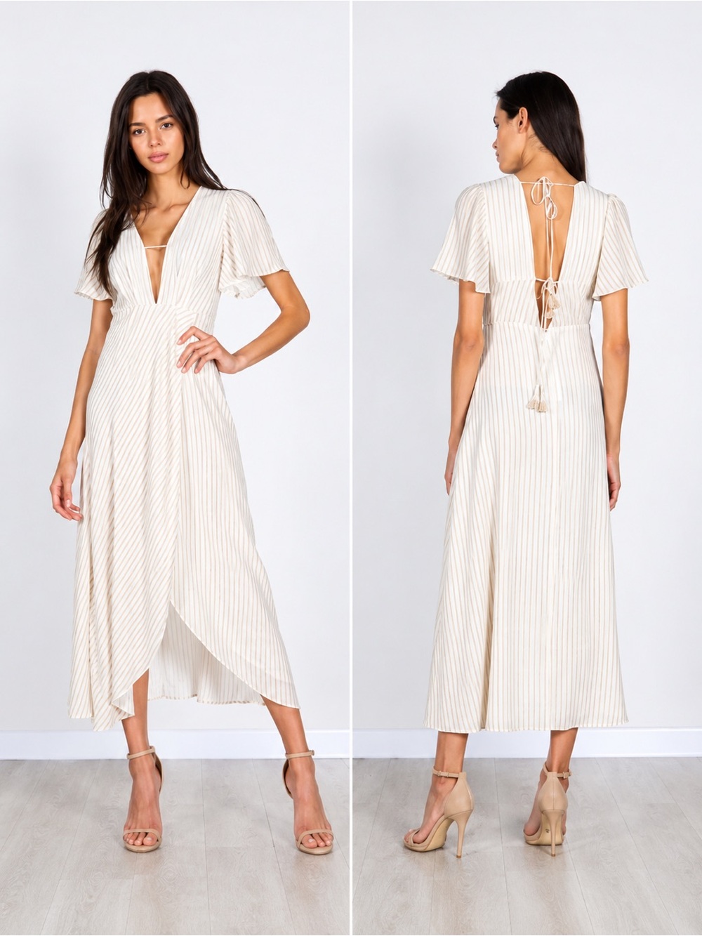Tan White Deep V Flutter Sleeves Asymmetrical Tulip Hem Midi Dress
